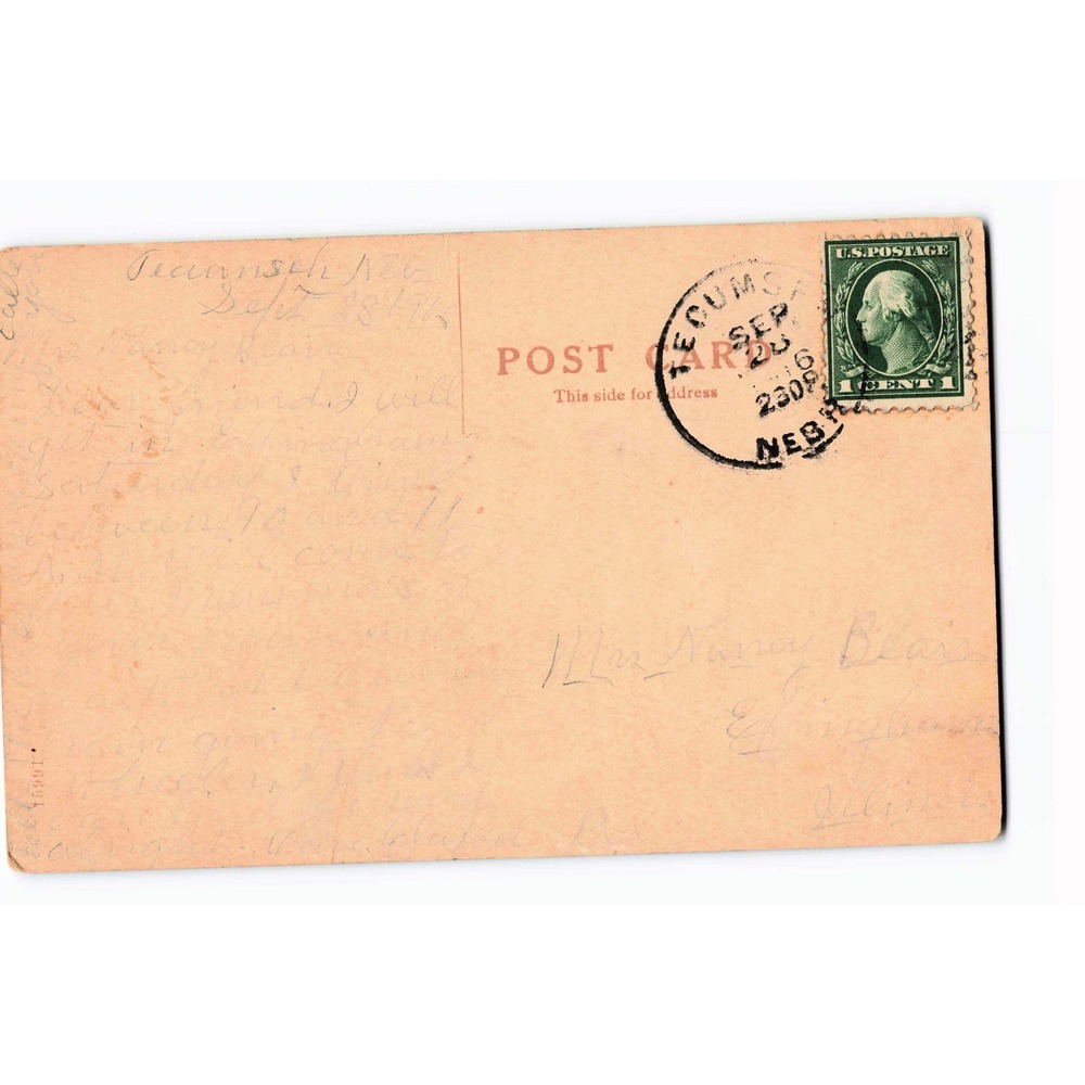 First Christian Church Beatrice Nebraska NE 1916 Tecumseh Cancel Postcard - Picture 2 of 2